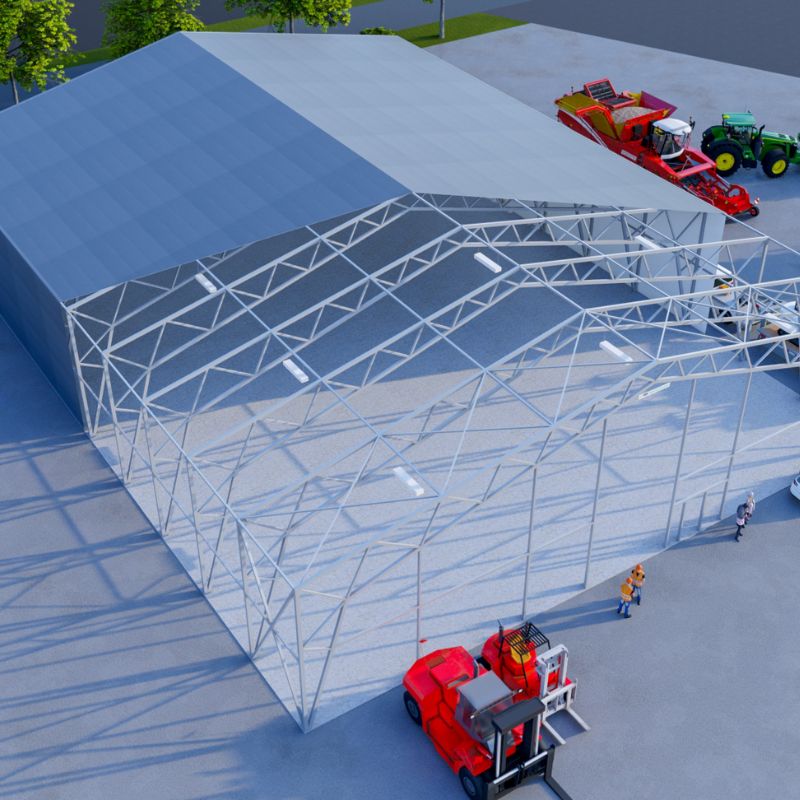 Illustrasjon av plasthall som får duk montert.