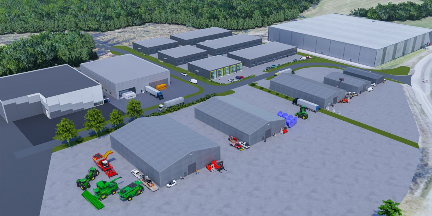 FBS international store haller Illustrasjon av næringspark med store bygg og haller levert av FBS international